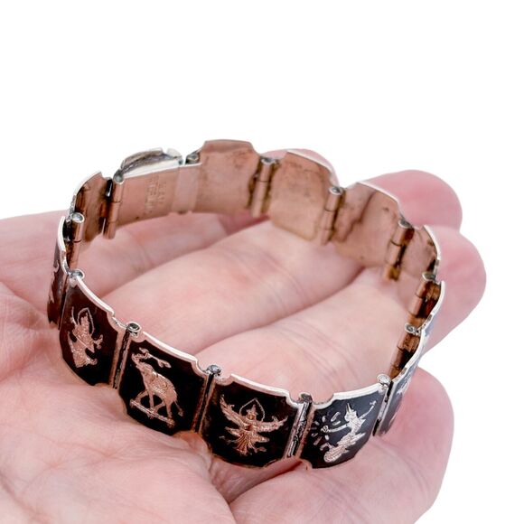 Vintage Siam Sterling Silver 925 Black Niello Link Bracelet 6.25" - Picture 1 of 11